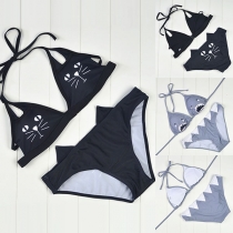 Cute Cartoon Printed Lace-up Halter Bikini Set