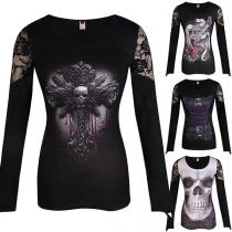 Chic Style Lace Spliced Long Sleeve Round Neck Skull Printed T-shirt