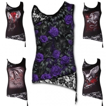 Chic Style Irregular Hem Sleeveless Round Neck Lace Spliced Top