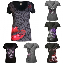 Fashion Short Sleeve V-neck Slim Fit Printed T-shirt