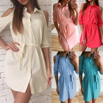 Sexy Off-shoulder Half Sleeve POLO Collar Solid Color Shirt Dress