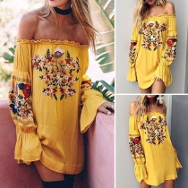 Sexy Off-shoulder Boat Neck Long Sleeve Embroidered Dress