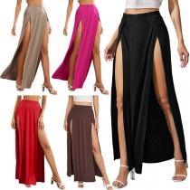 Sexy High Waist Slit Hem Solid Color Skirt