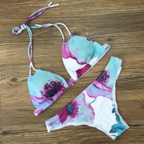 Sexy Tie-dye Printed Lace-up Halter Bikini Set