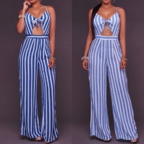 Sexy Backless V-neck Hollow Out High Waist Striped Sling Jumpsuit