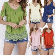 Sexy Off-shoulder Short Sleeve V-neck Lace Spliced Hem Solid Color T-shirt