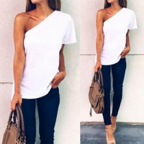 Sexy One-shoulder Short Sleeve Solid Color T-shirt
