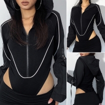 Sexy Slit Long Sleeve V-neck Hooded Solid Color Bodysuit