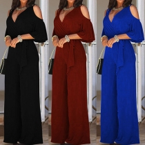 Sexy Deep V-neck Off-shoulder Short Sleeve High Waist Solid Color Jumpsuit