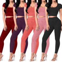 Fashion Solid Color Short Sleeve Round Neck Crop Top + High Waist Leggings Sports Suit