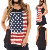 Fashion American Flag Printed Sleeveless Round Neck High-low Hem T-shirt