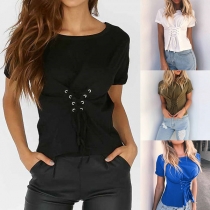 Fashion Solid Color Short Sleeve Round Neck Lace-up T-shirt