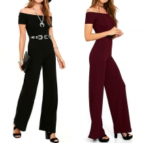 Sexy Off-shoulder Boat Neck Short Sleeve High Waist Solid Color Jumpsuit
