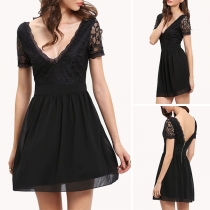 Sexy Backless Deep V-neck Lace Spliced Short Sleeve Chiffon Dress