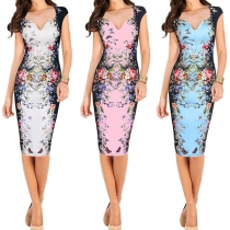 Elegant Style Sleeveless V-neck Slim Fit Printed Tight Dress