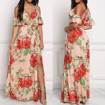 Sexy Off-shoulder Lotus Sleeve Deep V-neck Slit Hem Printed Sling Maxi Dress