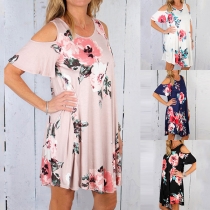 Fashion Off-shoulder Short Sleeve Round Neck Printed T-shirt Dress