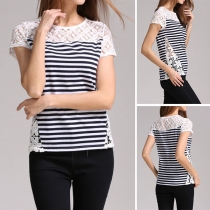 Fashion Lace Spliced Short Sleeve Round Neck Striped T-shirt