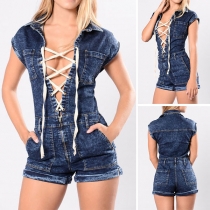 Sexy Lace-up Deep V-neck High Waist Slim Fit Denim Romper