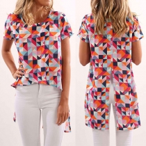 Fashion Short Sleeve Round Neck High-low Slit Hem Printed Top