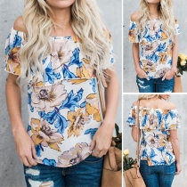 Sexy Off-shoulder Boat Neck Ruffle Printed Chiffon Top