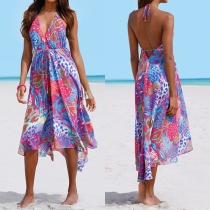 Sexy Backless V-neck High-low Hem Printed Dress