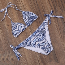 Sexy Wavy Printed Lace-up Halter Bikini Set
