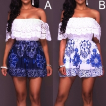 Sexy Off-shoulder Boat Neck Lace Spliced Printed Romper