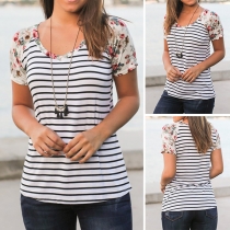 Fashion Printed Spliced Short Sleeve Round Neck T-shirt
