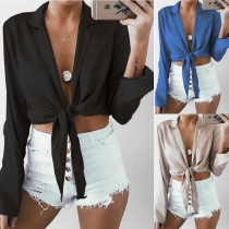 Chic Style Notched Lapel Long Sleeve Lace-up Hem Solid Color Blouse