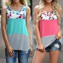 Fashion Contrast Color Round Neck Lace Spliced Printed Tank Top