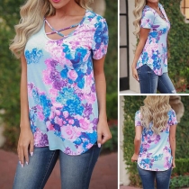 Fashion Short Sleeve Crossover Round Neck Printed T-shirt