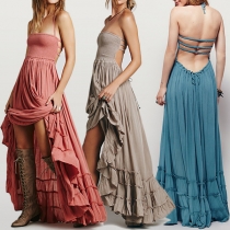 Sexy Backless High Waist Ruffle Hem Solid Color Beach Dress