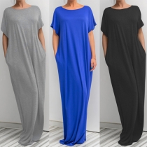 Sexy Hollow Out Bowknot Short Sleeve Round Neck Maxi Dress