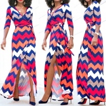 Sexy Deep V-neck Slit Hem 3/4 Sleeve Wavy Striped Maxi Dress