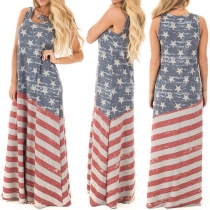 Fashion American Flag Printed Sleeveless Round Neck Maxi Dress