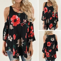 Sexy Off-shoulder 3/4 Sleeve Crossover Round Neck Printed T-shirt