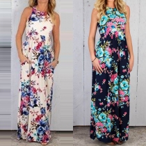 Bohemian Style Sleeveless Round Neck Printed Maxi Dress