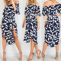 Sexy Off-shoulder Boat Neck Irregular Slit Hem Printed Dress