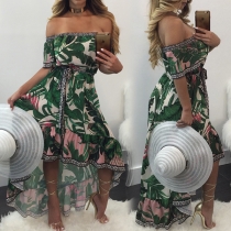 Sexy Off-shoulder Boat Neck High-low Hem Printed Dress