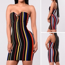 Sexy Strapless V-neck Slim Fit Colorful Striped Dress