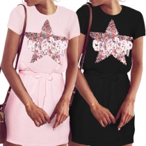 Fashion Sequin Pentagram Short Sleeve Round Neck Elastic Waist Dress