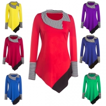 Fashion Contrast Color Striped Spliced Long Sleeve Irregular Hem Top