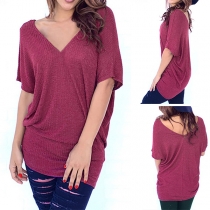 Fashion Solid Color Short Sleeve V-neck Knit T-shirt