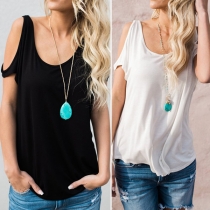 Fashion Solid Color Off-shoulder Short Sleeve Round Neck T-shirt