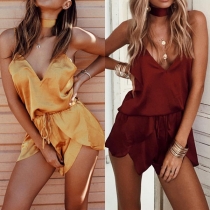 Sexy Backless V-neck Cami Top + Shorts Solid Color Two-piece Set