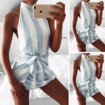 Sexy Backless Sleeveless Striped Halter Dress