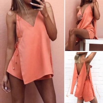 Sexy Backless Side-slit V-neck Cami Top + High Waist Shorts Two-piece Set