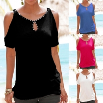 Fashion Solid Color Off-shoulder Short Sleeve Beaded Round Neck T-shirt  