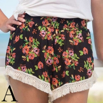 Fashion Elastic Waist Tassel Hem Printed Shorts